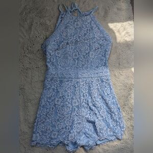 Aqua Light Blue Lace Halter Neck Romper With Open Back | Medium